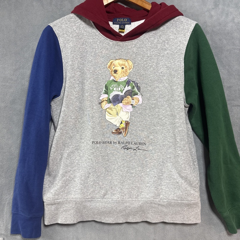 Polo Ralph Lauren Kids Polo Bear Colorblock Hoodie Grey Red Blue Green L 14-16
